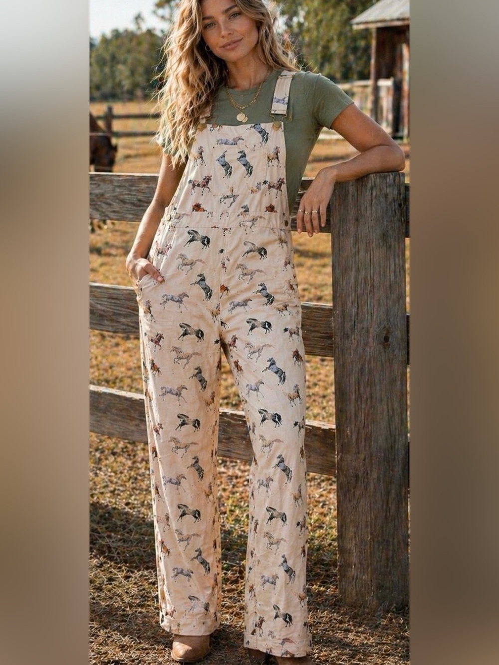 Cream Horse-Print Cotton Overalls Jumpsuit